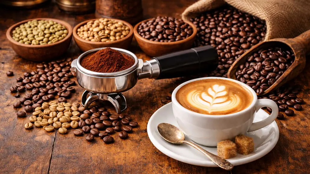 Siebträger mit frisch gemahlenem Kaffee, Schalen mit rohen und gerösteten Bohnen und ein Cappuccino auf einem Holztisch