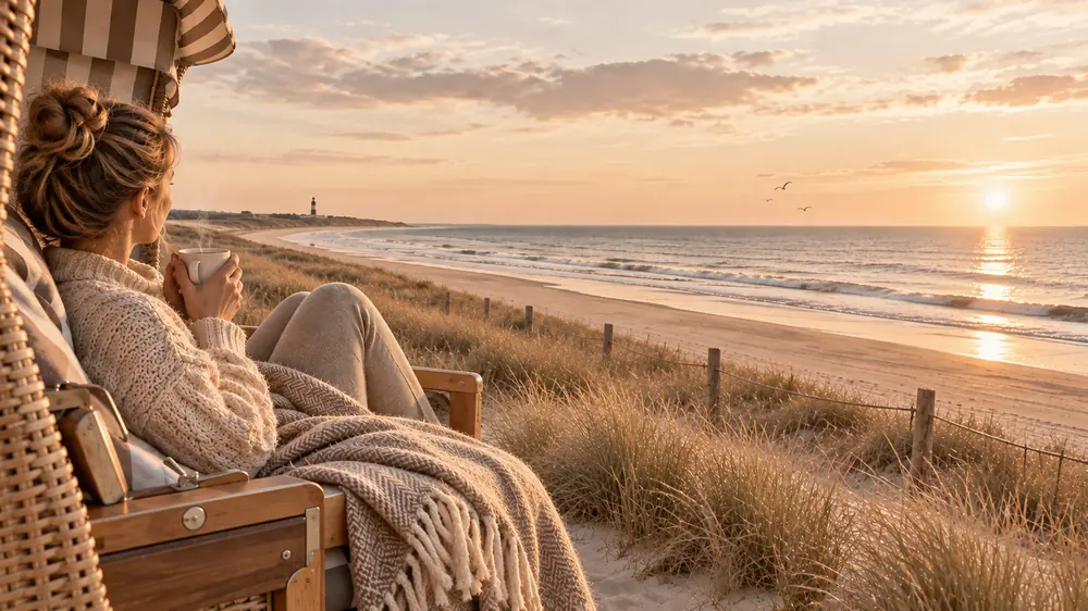 Eine Frau sitzt mit einer dampfenden Tasse in einem Strandkorb in den Dünen und blickt über den Strand aufs Meer, am Horizont ein Leuchtturm und die tief stehende Sonne